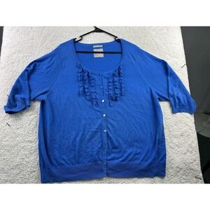 Old Navy Cardigan Sweater Womens Plus 2X Blue Ruffle Trim‎ Short Sleeve Button